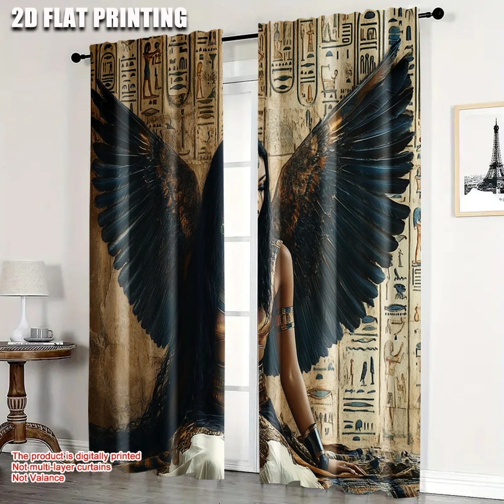 

2pcs, Upscale Curtains 2D print Egyptian Angel Machine Washable Fabric (without rod) Gifts for Bedroom, Living Room, Office