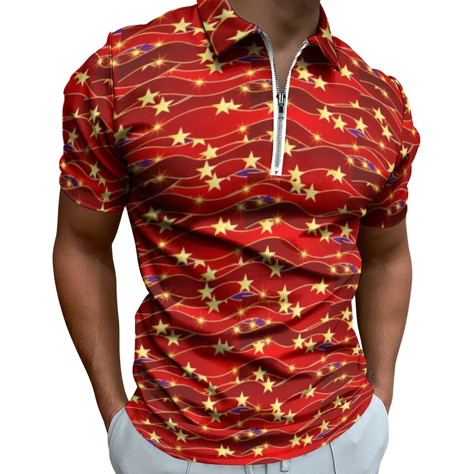 Christmas Sky Casual T-Shirts Gold Stars Print Polo Shirts Zipper Cool Shirt Male Graphic Clothing Big Size 5XL 6XL