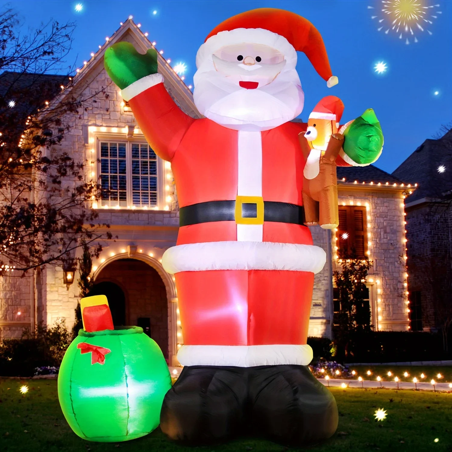 

Christmas 12ft Inflatable Outdoor Decorations Santa Carrying Sack of Candy and Bear