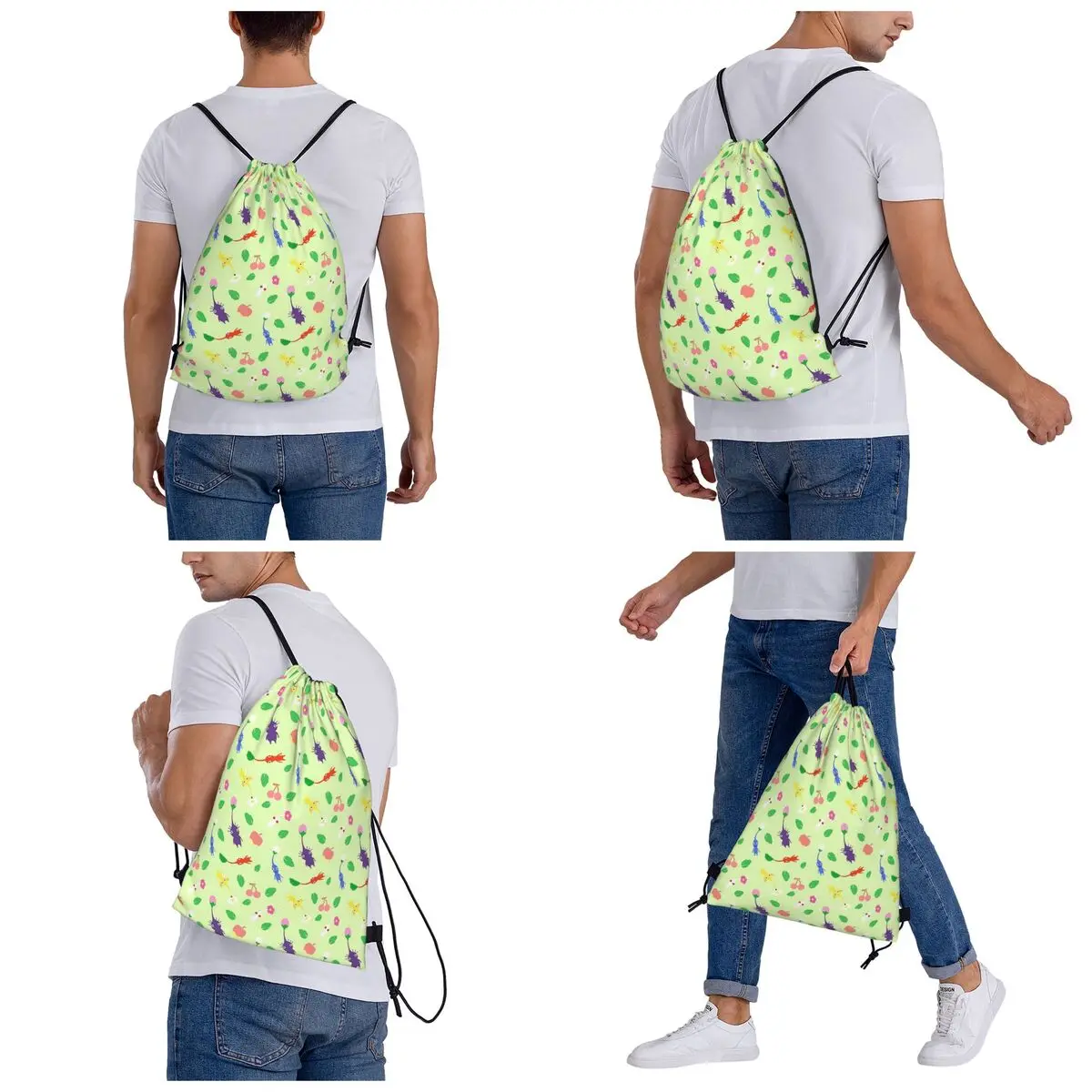 Cute Pikmin Pattern Backpacks Portable Drawstring Bags Drawstring Bundle Pocket Sports Bag Book Bags For Travel Students