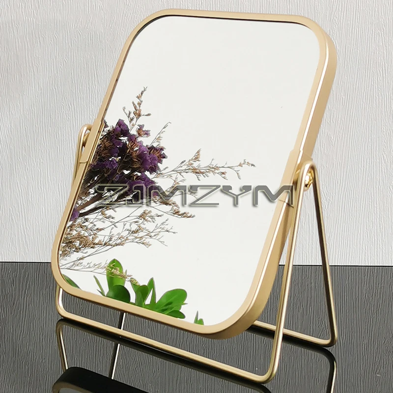 1PC Square HD Makeup Mirror with Metal Stand 360 Degree Swivel Desktop Tabletop Mirror Matte Gold Double-faced Mirror Makeup