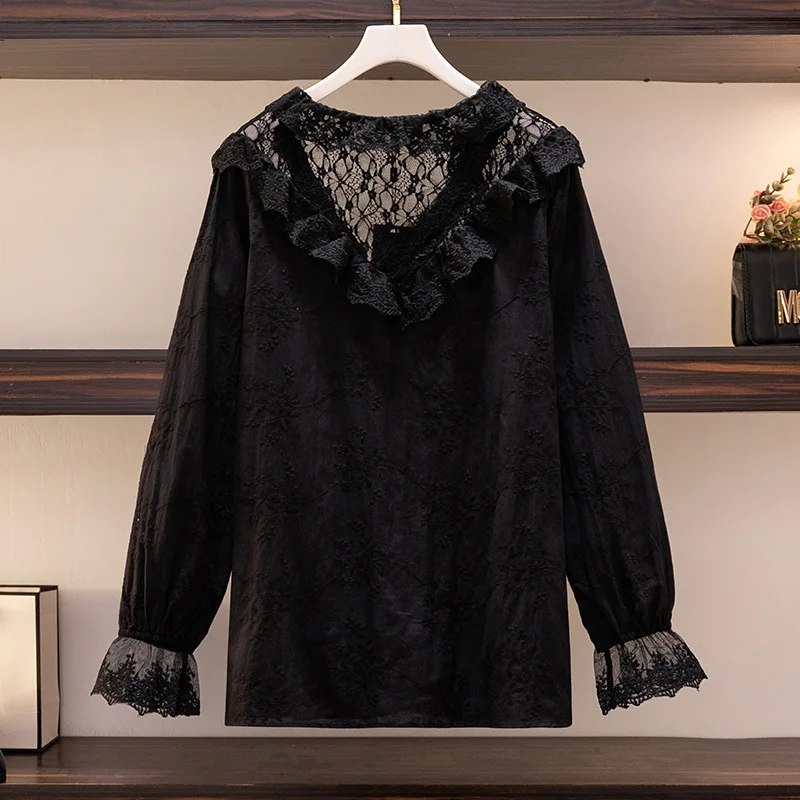 New 2023 Spring Autumn Plus Size Tops For Women Large Size Long Sleeve Loose Hollow Out Cotton Lace Shirt 3XL 4XL 5XL 6XL 7XL