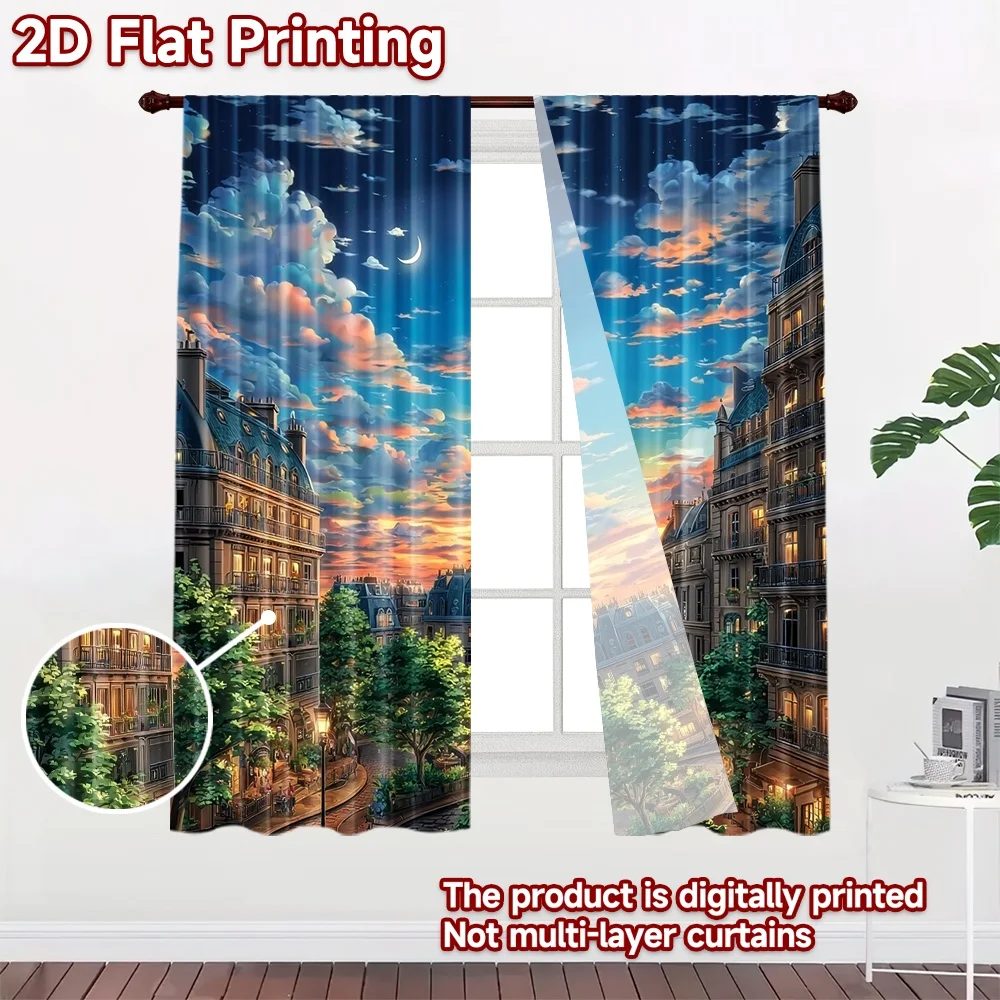 2D flat 2pcs Curtain Vintage drapes and curtains Paris Sunset Eiffel View Digitally printed polyester, colorfast Party & Holiday