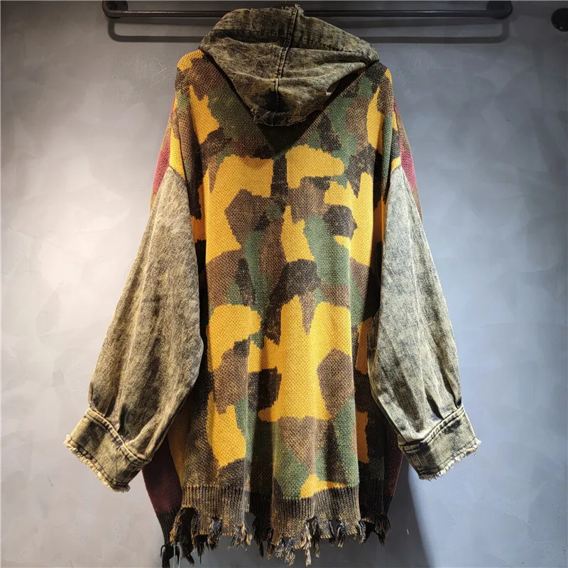 WTHT Vintage Fashion Women's Print Design Knit Spliced Denim Irregular Hoodies 2025 Long Sleeves Jacket Female 1LS2213