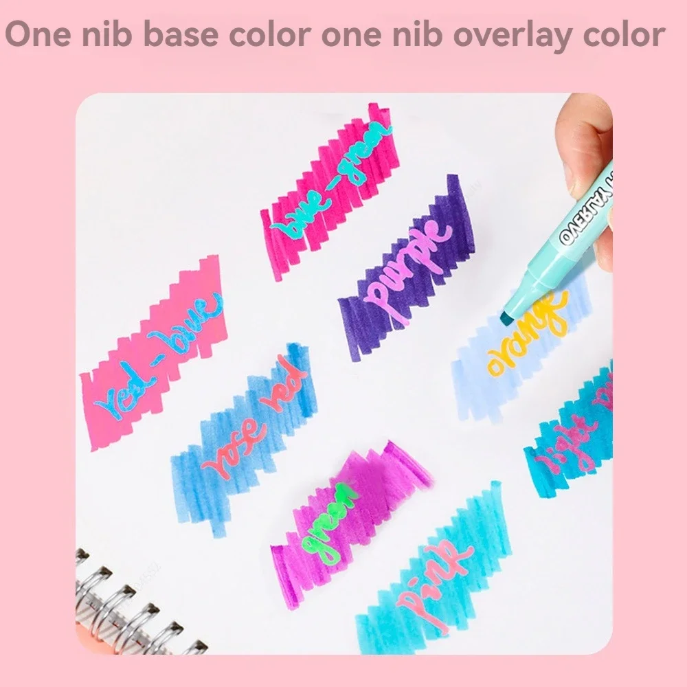 8-teiliges Overlay-Farben-Textmarker-Set, doppelseitig stapelbar, magischer fluoreszierender Kunstmarker, Liner, Zeichnen, Büro, Schule