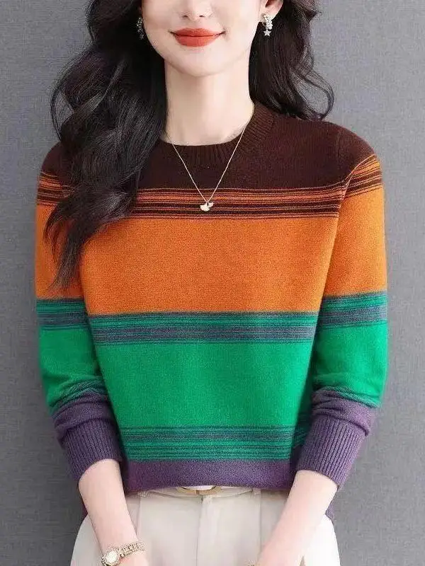 Fashionable round Neck Knitted Sweater Loose Long Sleeve Stripe Base Layer Color Block Casual Style Women's Autumn Winter Top