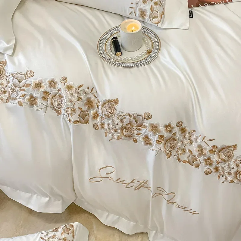 New Luxury Golden Brown Flowers Embroidery Bedding Set 1000TC Egyptian Cotton Duvet Cover Set Elastic Band Bed Sheet Pillowcases