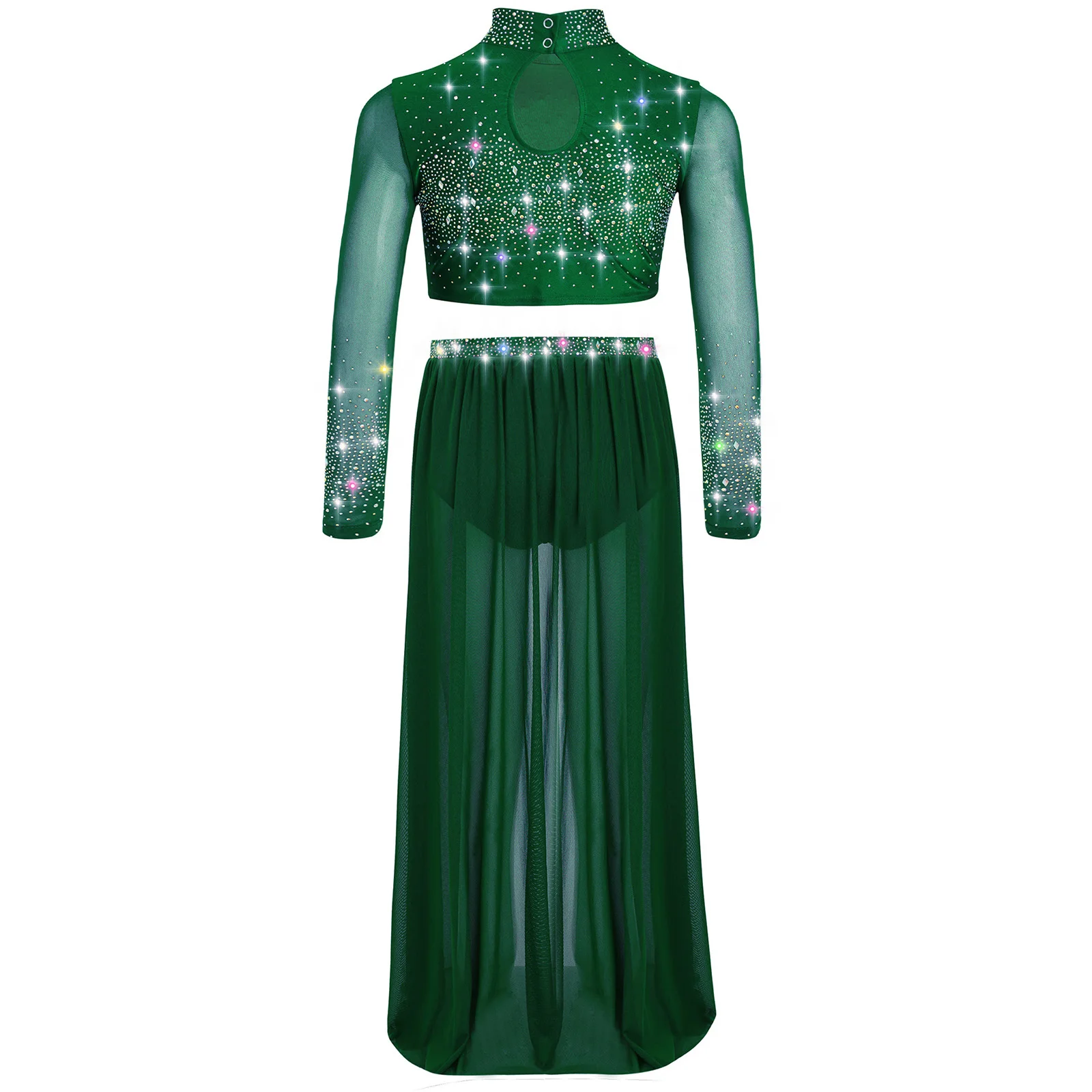 Kinderen meisjes ballet lyrische danskostuum lange mouw strass crop top met vloeiende rok set kunstschaatsen dansvoorstelling