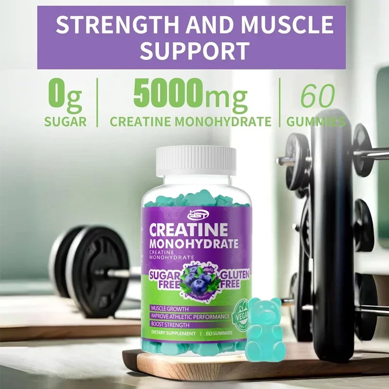 Creatine Monohydrate Gummies, Used for Muscle Strength, Energy Boost, Pre Exercise Supplement - Blueberry Flavor 60 Gummies