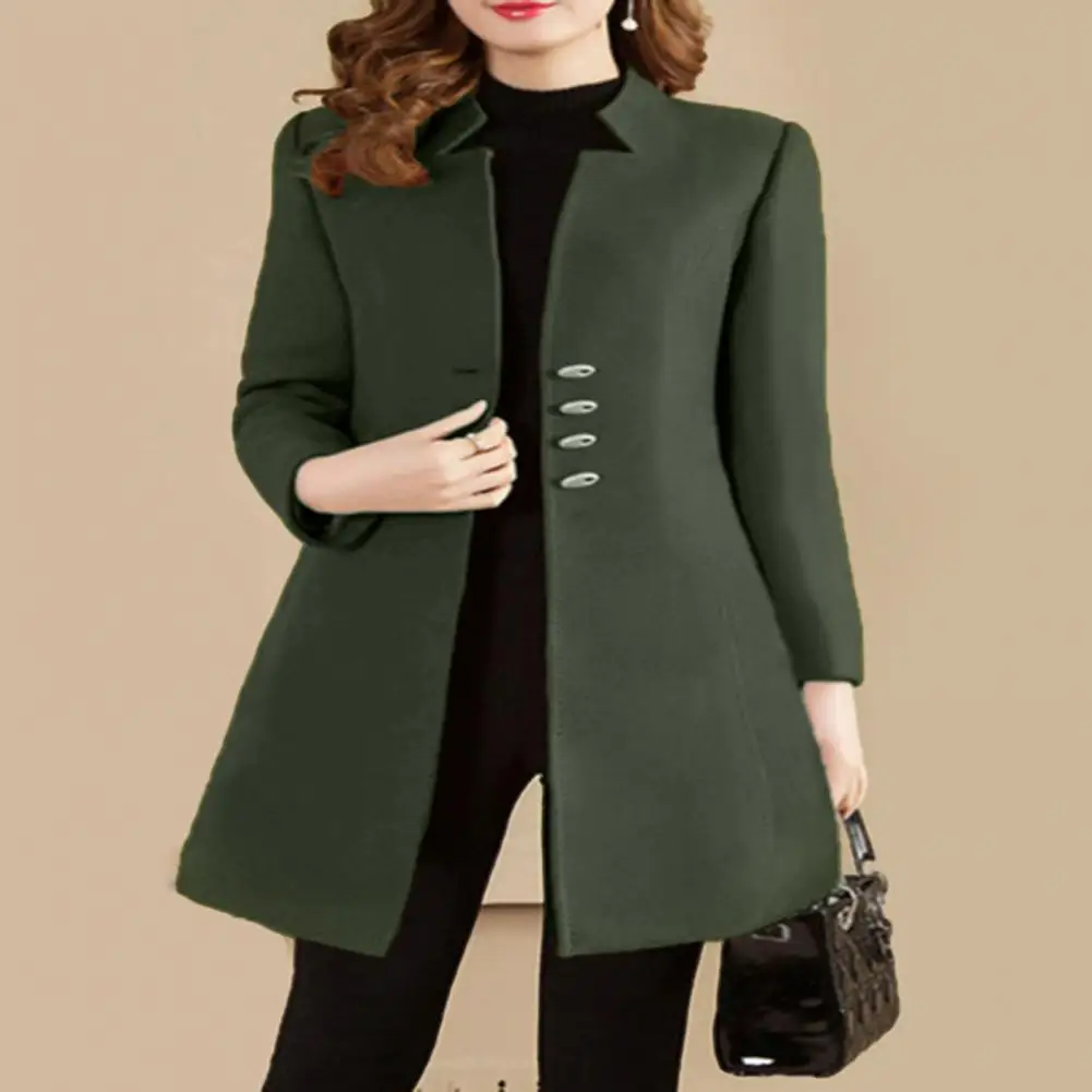 Women Autumn Winter Mid-length Woolen Coat Notched Collar Long Sleeve Single-breasted Slim Fit Female Outerwear Solid Color Coat