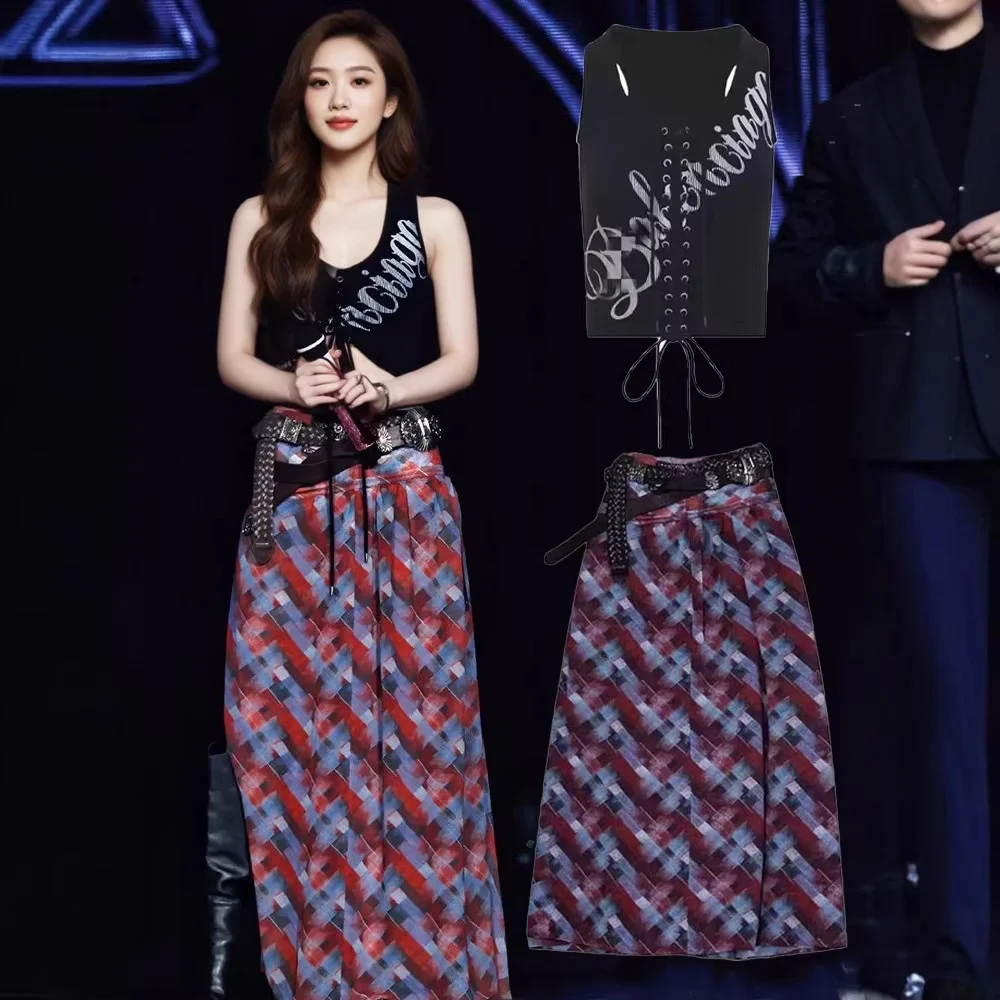 

2026 New Zhao Lusi Black Belted Slim Fit Vest Top High Waist Split Color Block Plaid Skirt Women's Casual Sportswear Set