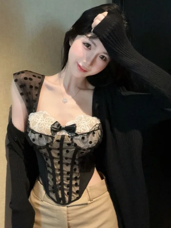 

Sexy Knitted Tube Top Fishbone Design Tank Top And Open Cardigan Knitwear Two Piece Set plus Size Korean Style Slim Fit Casua...