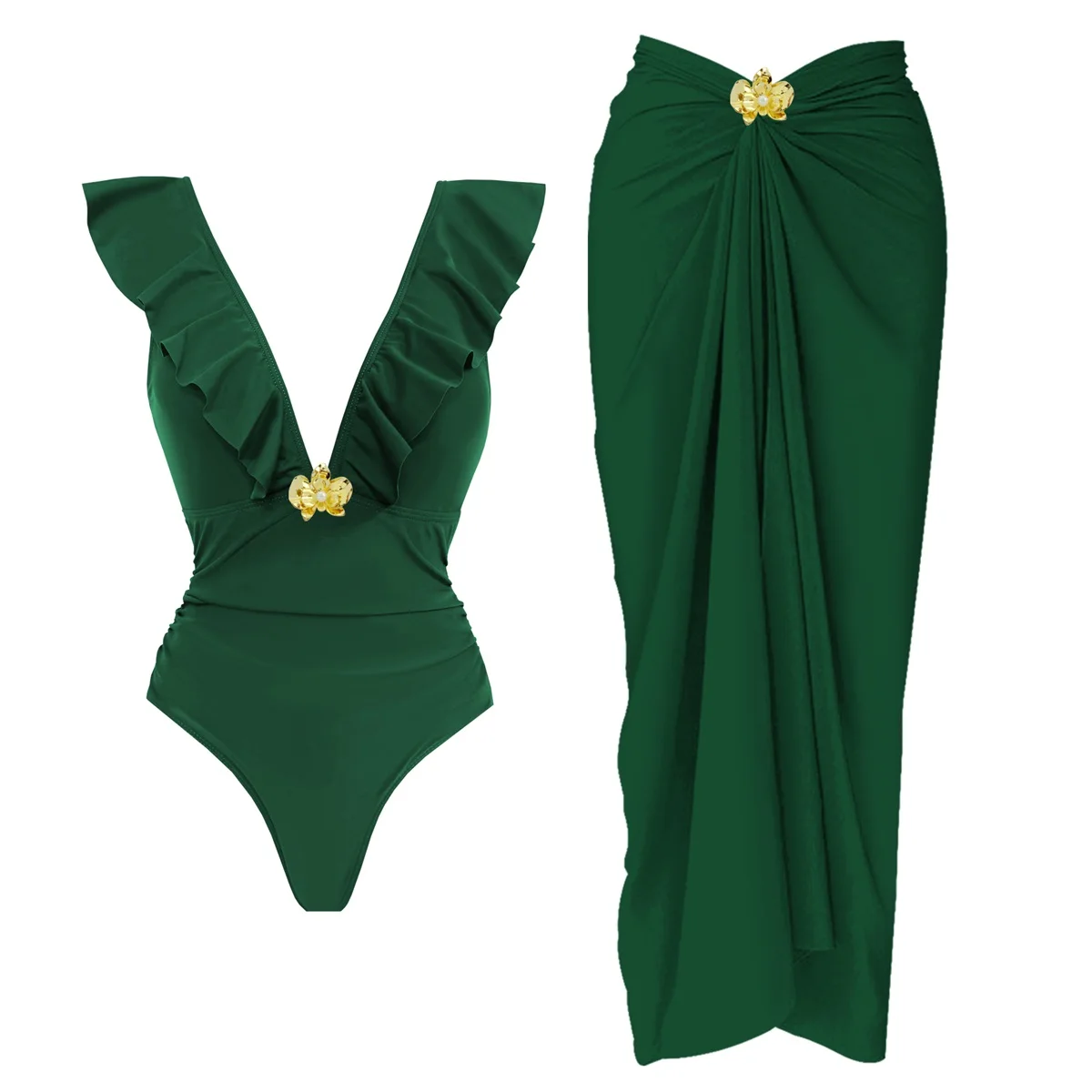 Ruffle One Piece Swimsuit Women Sexy Bikini Female Bandeau Biquini Push Up Swimwear Shiny Button Bathing Suits Deep V Beachwear