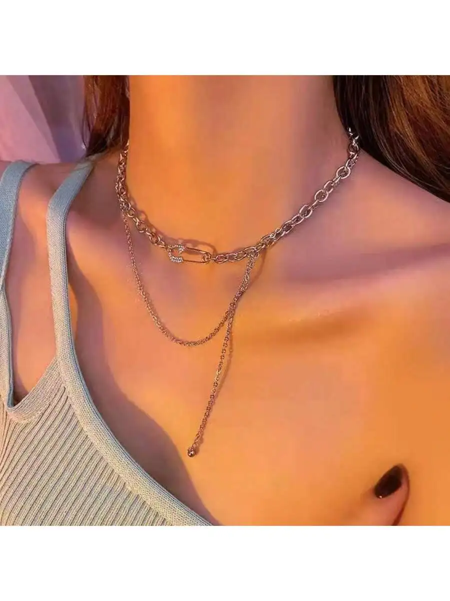

Stainless Steel Safety Pin Pendant Layered Chain Necklace For Women