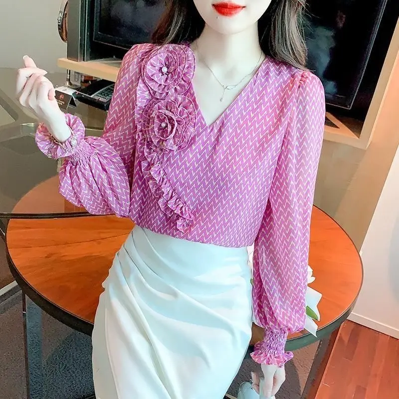 Spring Autumn Women Fashion Print 3D Flower Design Sweet Blouses Female V Neck Long Sleeve Chiffon Shirts Chic Elegant Slim Tops