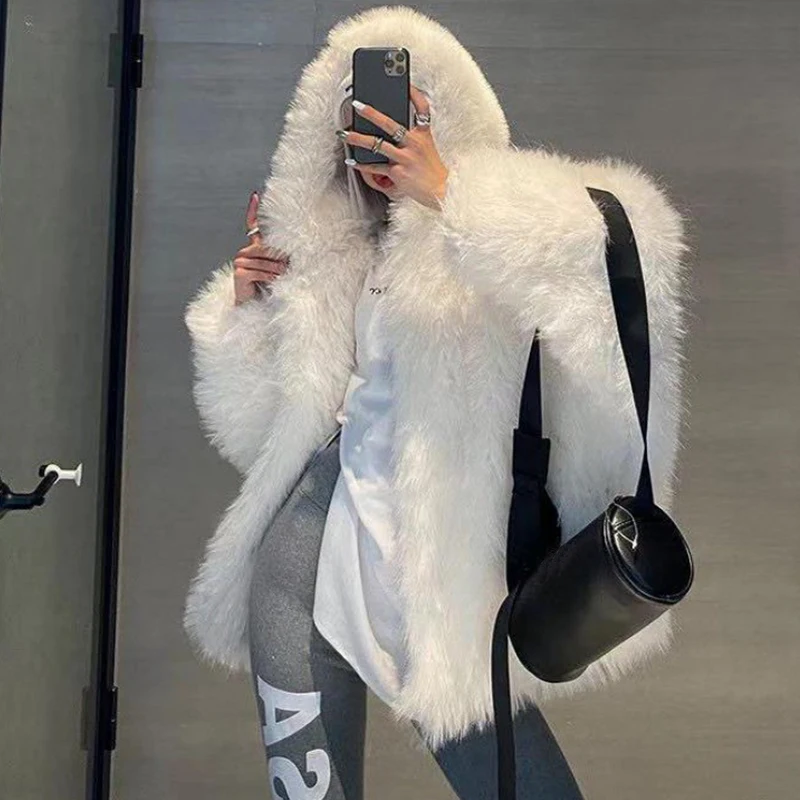 

Street Fashion Week Luxury Brand Shaggy Hairy Hooded Fur Coat Faux Fox Fur Coat Women Winter 2023 Hot Cool Girls Fluffy Jacket