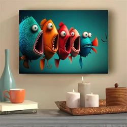 Cartoon Fish Painting on Canvas Wall Art Funny Animal Poster Artwork Wall Painting for Bathroom Bedroom Living Room Home Decor