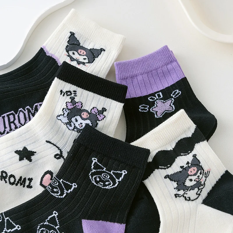 5 Pairs Sanrio Kuromi Socks Spring and Summer Thin Breathable Kuromi Childrens Girl Sock Purple Movement Mid-calf Cotton Sock