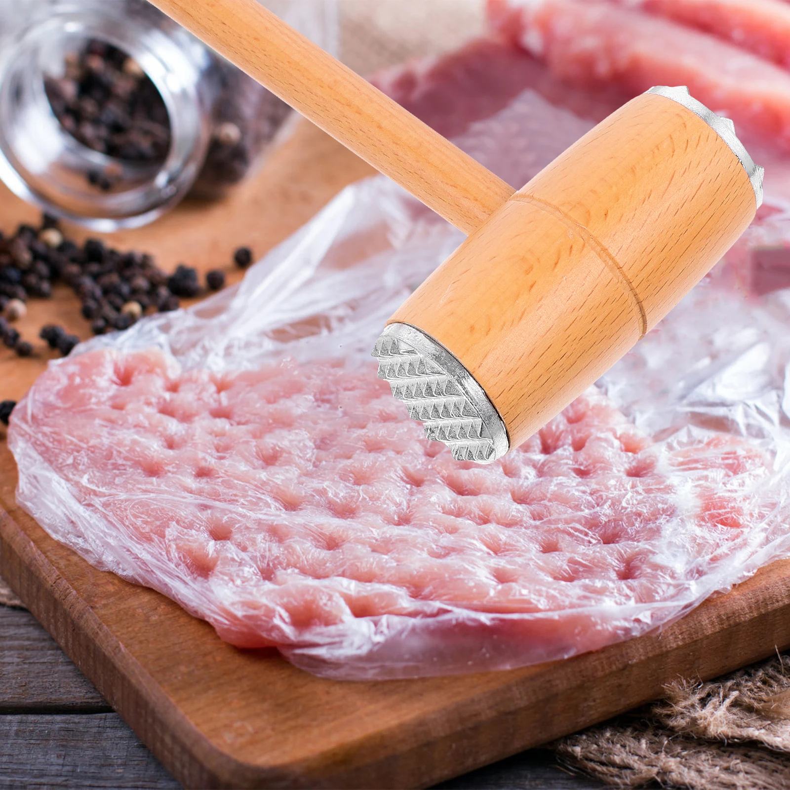 

1pc Dual-Sided Meat Mallet Long Handle Wood Aluminum Alloy Kitchen Hammer For Tenderizing Steak Beef Pounding Crushing Nuts Ice