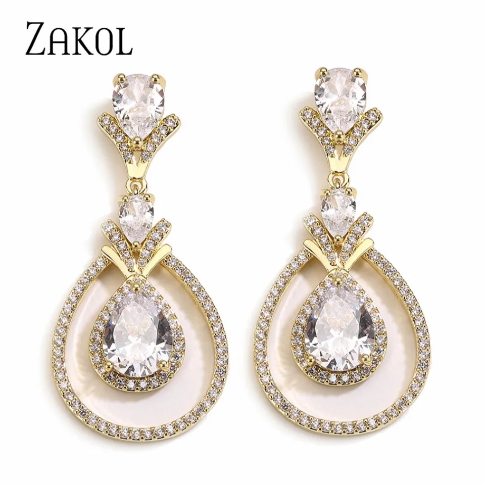 ZAKOL Delicate Hollow Water Drop Cubic Zirconia Dangle Earrings for Women Silver Color Vintage Bridal Jewelry