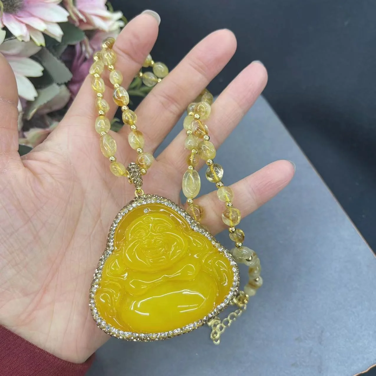 

Second generation beeswax laughing Buddha necklace, natural yellow crystal sweater chain