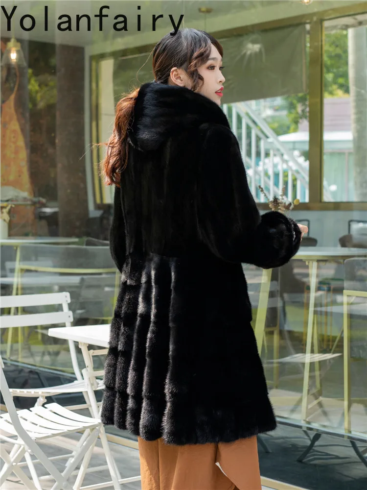 YOLANFAIRY Top Quality Real Fur Coat Woman with Hood Winter Splicing Mink Natural Fur Jacket Elegant 90cm Black Fur Coats пальто