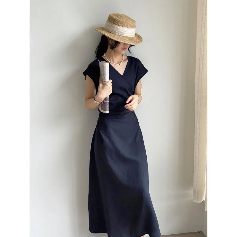 

Korean Tennis Line V Neck Cross-Tie Strap Dress Women's Gentle Temperament Waist-Close-up Slim Skirt
