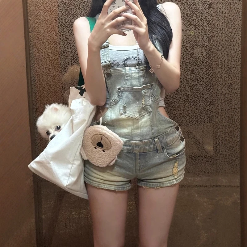 Rompers Playsuits Woman Slanted Shirring Tiedye Distressed Eyelet Wrapped Slit Skew Fulllength Washed Patterns Junior Y2K