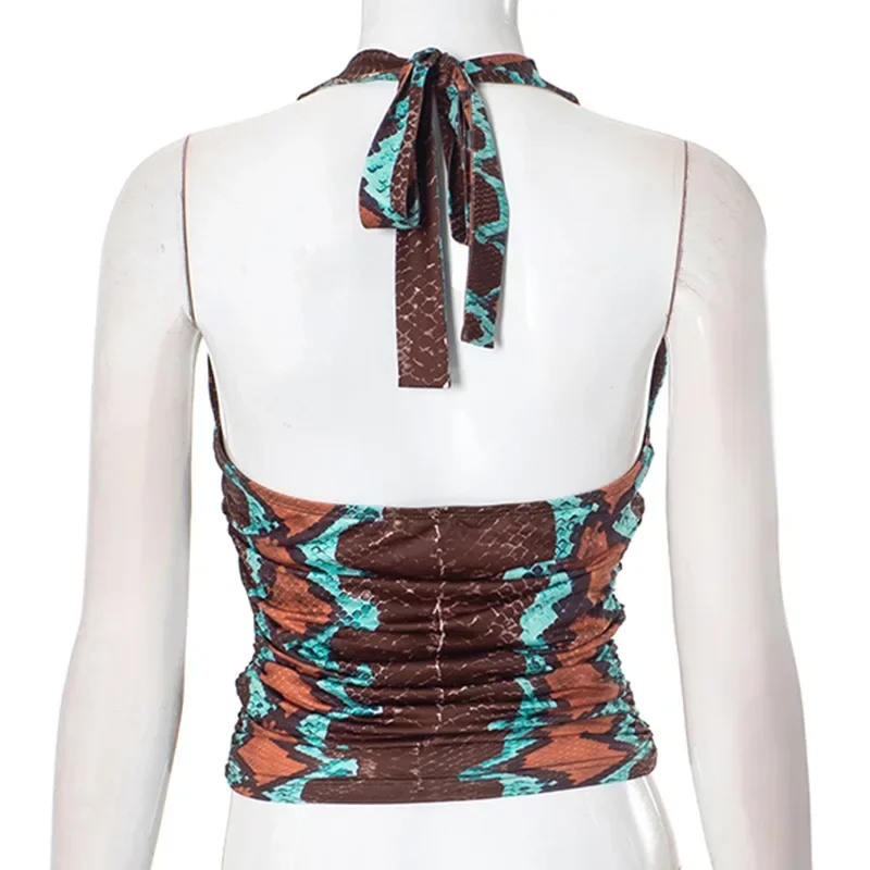 Estética impressão plissado halter rendas y2k coletes feminino sexy com decote em v sem costas colheita regatas festa clube férias camisetas