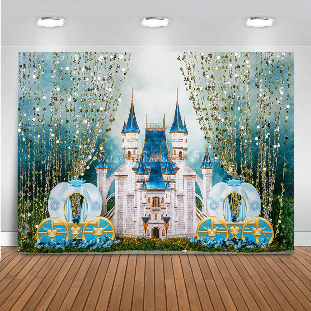 Dream Blue Castle Royal Carriage Photo Background Children Birthday Cake Smash Photography Backdrop Shiny Photo Studio Props