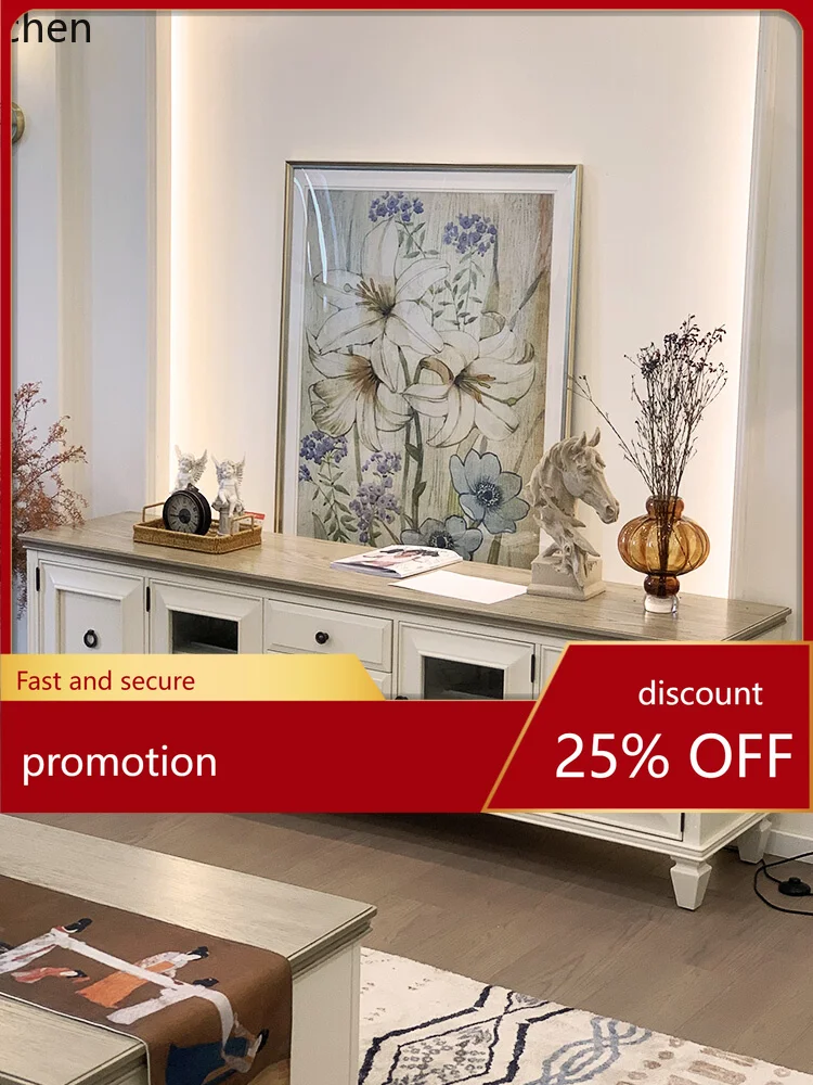 CZ American Style TV Cabinet Pure Solid Wood White Audiovisual Cabinet Mediterranean Living Room Furniture Coffee Table Set