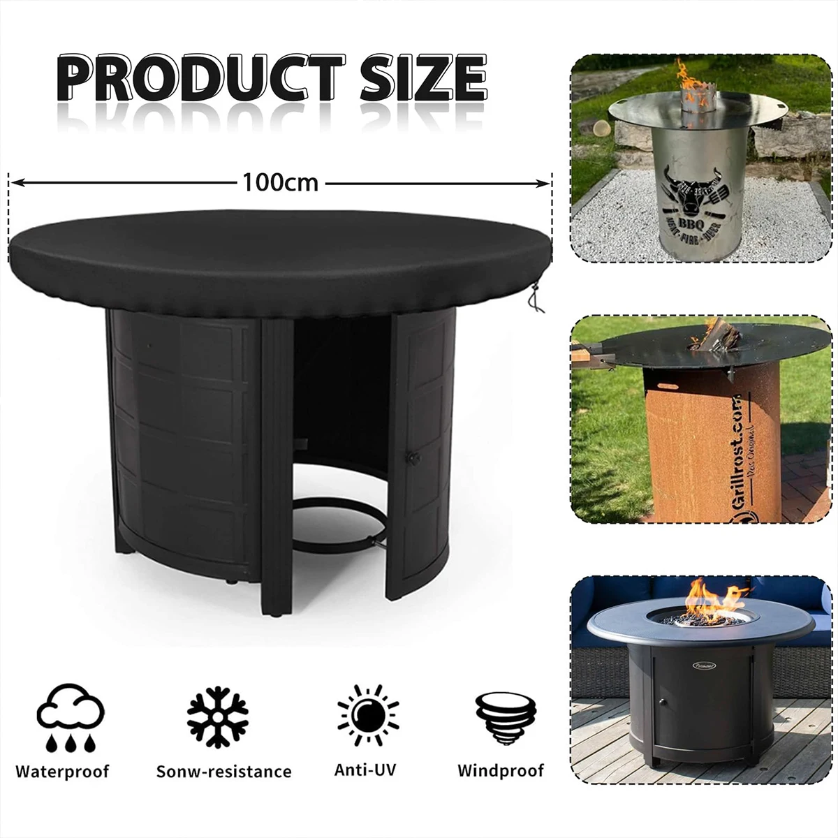 Diameter 100cm Black Oxford Cloth Fire Pit Table Cover Outdoor Dustproof Barbecue Fire Pit Top