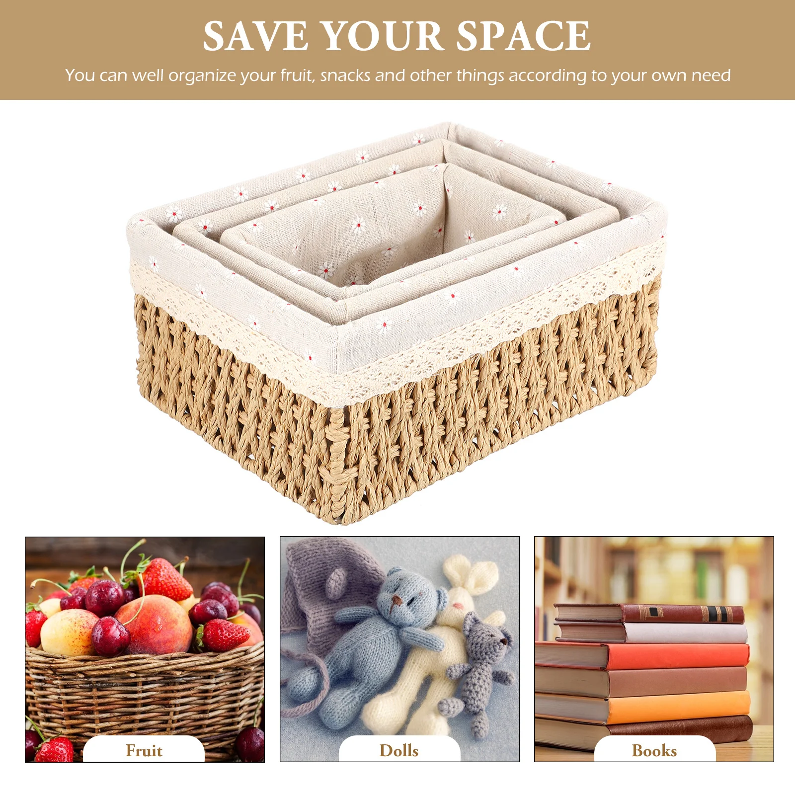 

3pcs Rattan Storage Basket Cloth Desk Sundries Woven Home Office Practical Premium Material Environmental Protection