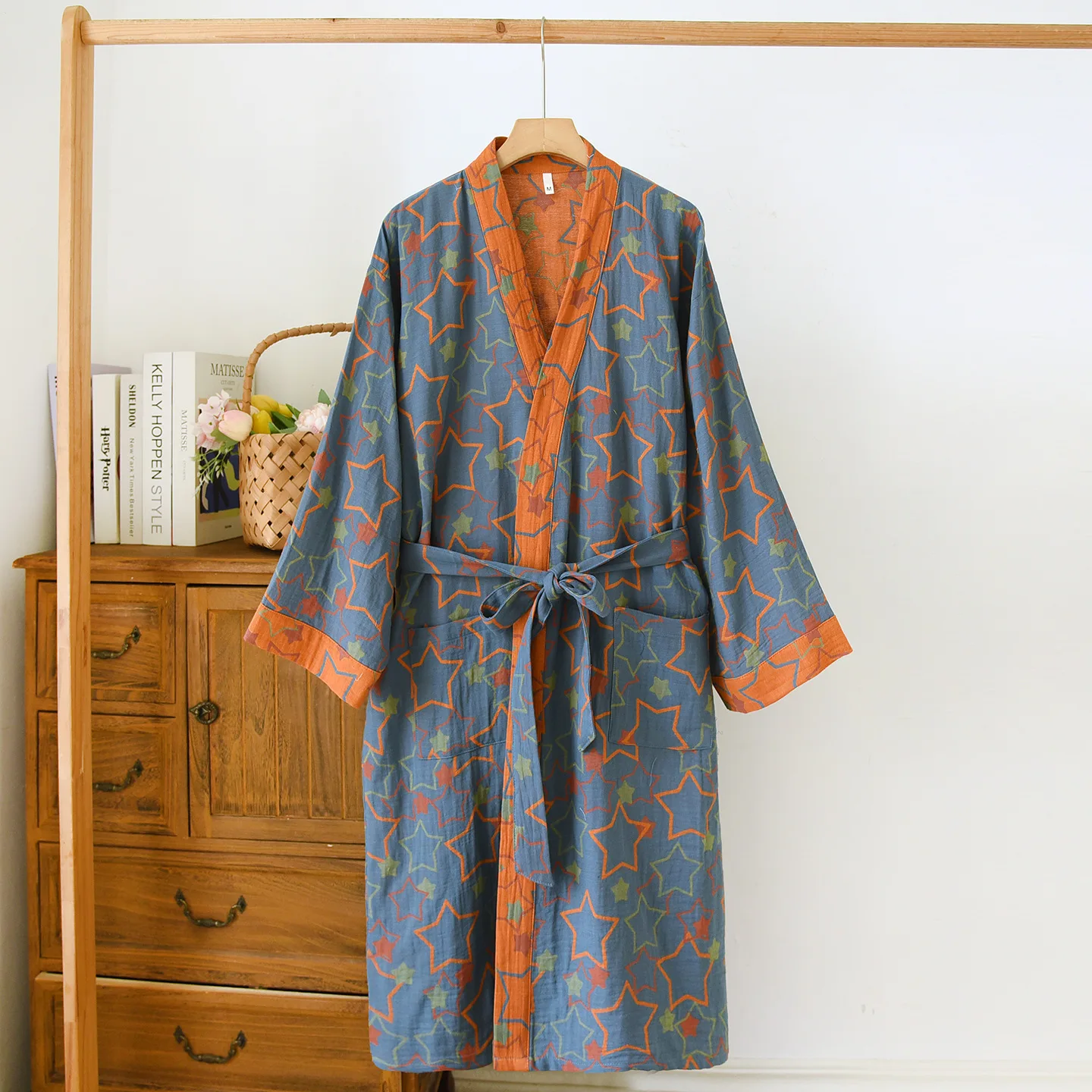 

Spring Summer 100% Cotton Sleepwear Jacquard Japanese Kimono Sleeping Robe Loose Comfortable Home Bathrobe Women Dressing Gowns