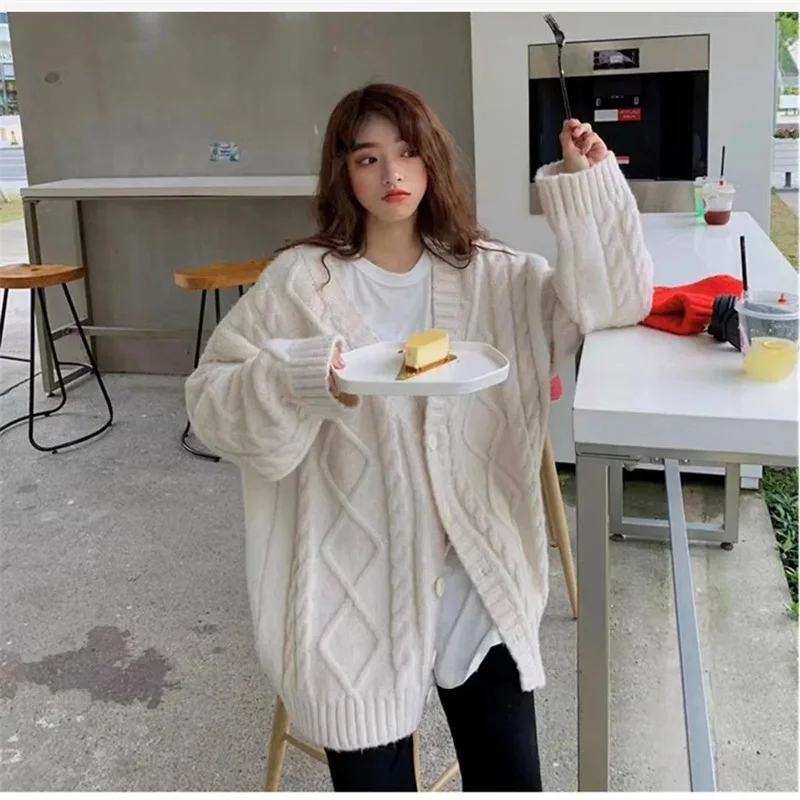 New Autumn Winter Korean Version Loose Thickened Fried Dough Twists Sweater Coat Women Fashion Knitting Cardigan Outer Wear Top
