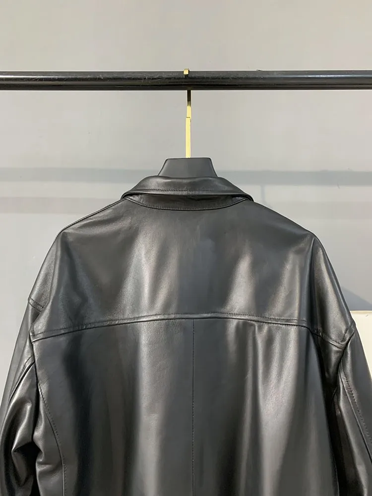 مكتب السيدات المرقعة اللون التلبيب سترة جلدية حقيقية فضفاضة واحدة الصدر جيب طويلة الأكمام ملابس خارجية من جلد الغنم