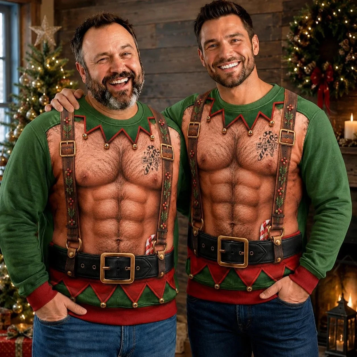 Xmas Novelty Elf Style Sweatshirt, Fake Muscle Graphic. Loose Comfy Fit, Perfect for Family Party and Holiday Bar Event