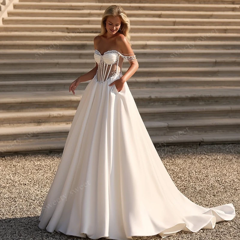 

Off The Shoulder Weddingdress Satin With Pearls A-Line Floor Length Ballgown Sleeveless Strapless Customized Bridedress Lace Up