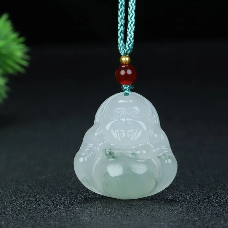 Natural Tianshan Jade Buddha Pendant - Big Belly Buddha Xinjiang Floral Maitreya Buddha Pendant Guanyin for Men and Women, Coupl