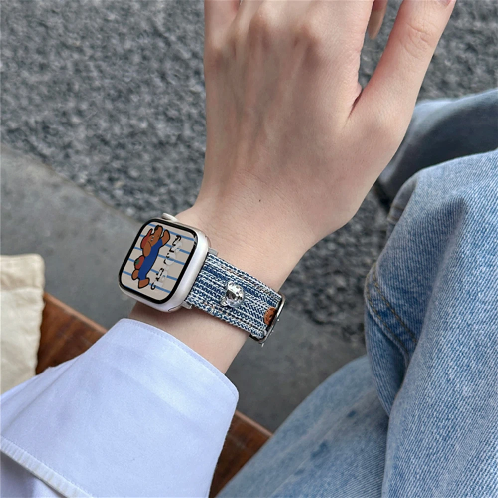 Cute 3D Plating Cartoon Bear Denim Leather Strap For Apple Watch Band 9 8 7 6 3 5 4 2 SE For iWatch Ultra 49 45 42 44mm 40 41 38