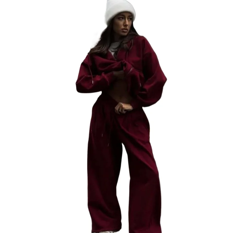 

Повседневный спортивный кардиган с капюшоном, брюки, комплекты из двух предметов, весенне-осенний однотонный персонализированный уличный модный стиль, женская одежда