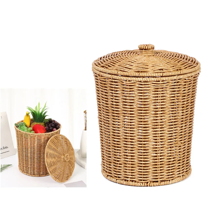 

Rattan Waste Basket with lid Planter Woven Storage Baskets Wicker Wastebasket Garbage Container bin for Bedroom Home Toy Basket