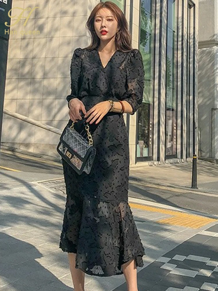 H Han Queen Hot sale Korea Women Party Dress Autumn Fashion Office Chic Chiffon Half Sleeve Ruffles Bodycon Mermaid Midi Dresses