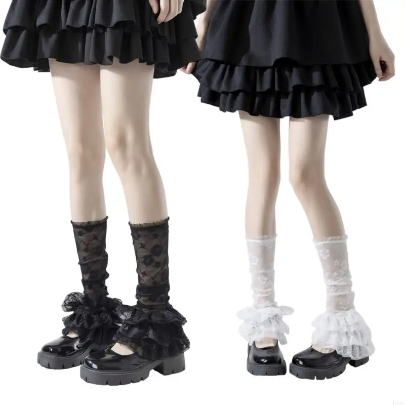 L5YC Women Ruffle Lace Leg Warmer Sweet Knee Highs Leg Socks Princess Leg Sleeves