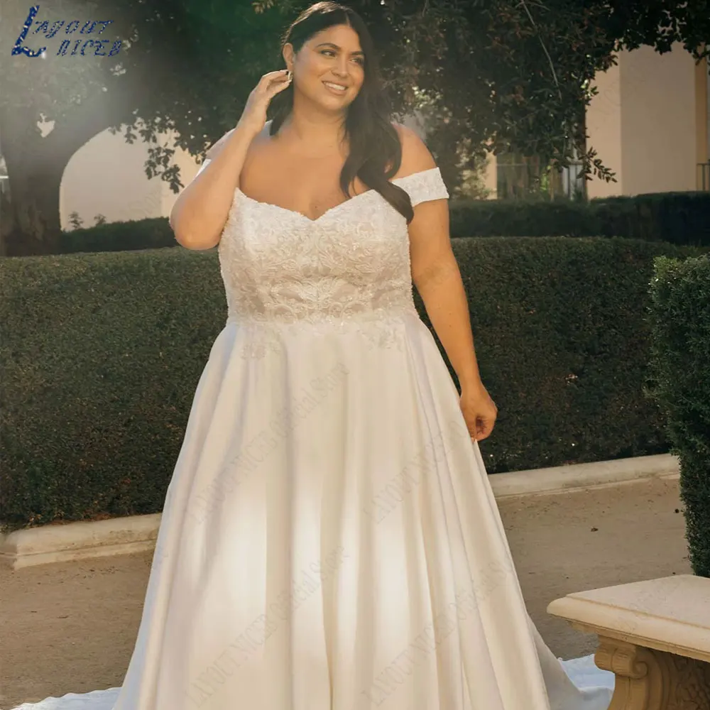 NICEB-vestidos de novia de talla grande con hombros descubiertos, vestidos de novia de manga corta con Espalda descubierta, vestidos de novia con botones de satén de línea a de encajeNICEB-vestidos de novia de talla gr