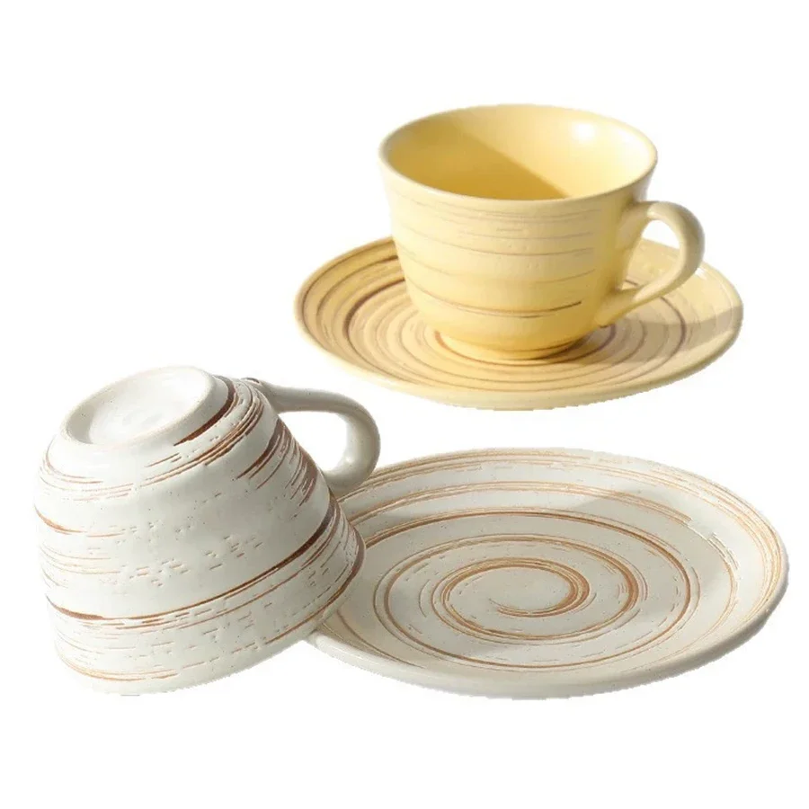 Underglaze Painted Ceramic Coffee Cup Set For Office Afternoon Tea Cup And Saucer Set Stereoscopic Thread Design Milk Cups
