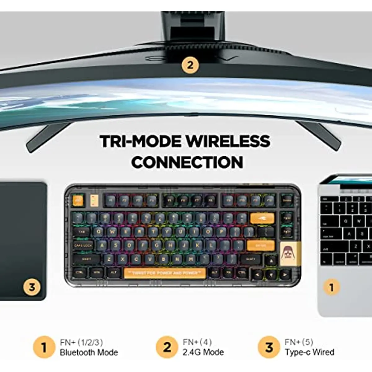 CoolKiller CK75 Hot-Swap Bluetooth 2.4G Wireless RGB Black Knight Transparent Gasket Gaming Mechanical Keyboard RGB for Win/Mac