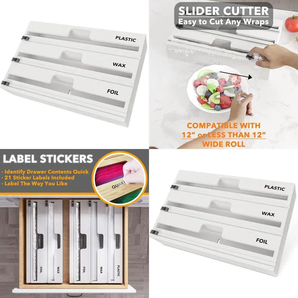 

3-in-1 Wrap Organizer with Cutter and Labels for Plastic, Aluminum, and Wax Paper - Kitchen Storage Dispenser for 12 Rolls (Whit