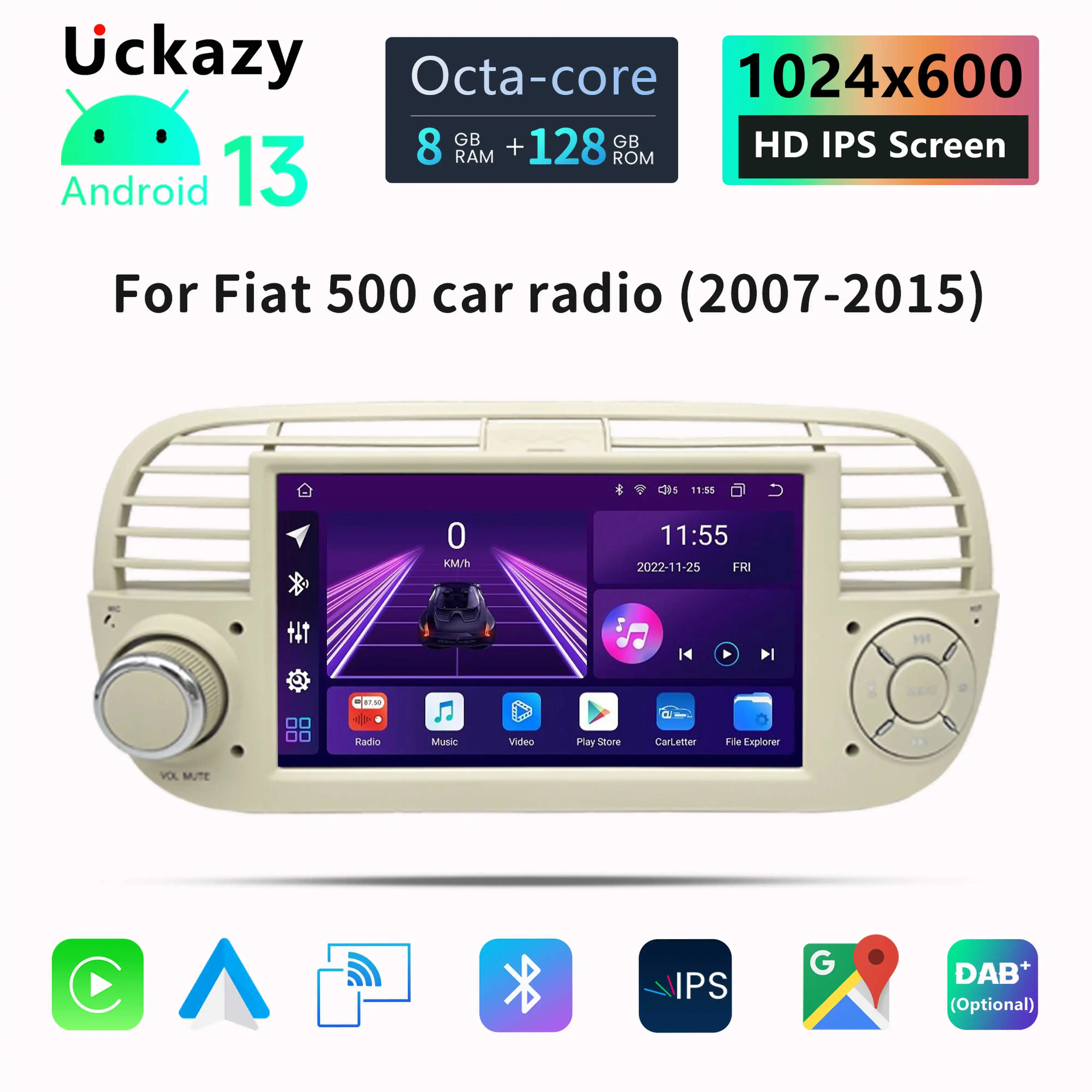 Uckazy-Android 13 Car Radio Player, Navegação GPS, Suporte Autoradio, Carplay, RDS, DAB, FIAT 500, Abarth, 2007-2015