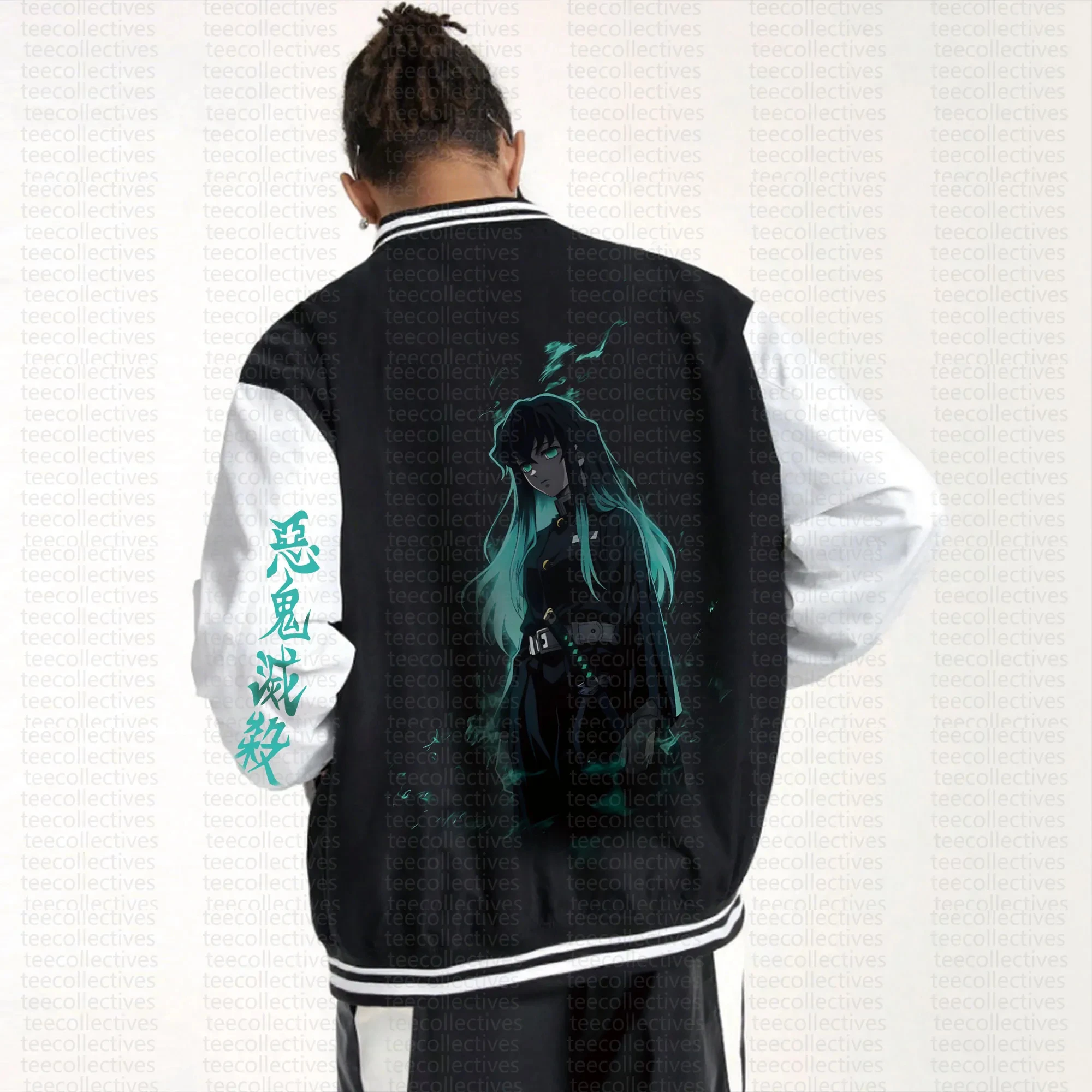 

Men's Black White Varsity Jacket with Mysterious Anime Girl Long Cyan Tipped Hair Back Print and Green Kanji Sleeve Design